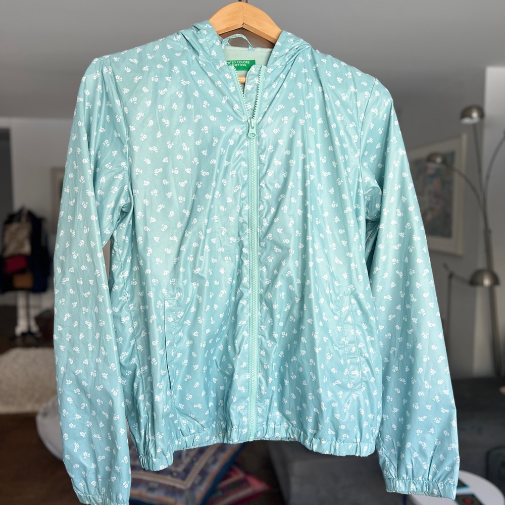 United Colors Of Benetton Teal Windbreaker with White Floral Design